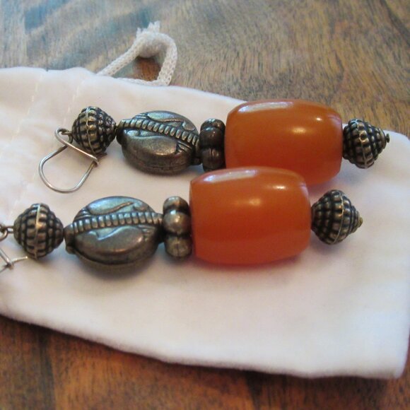 Vintage Tibetan Sterling Silver Earrings with Indian Amber Beads - Picture 1 of 3
